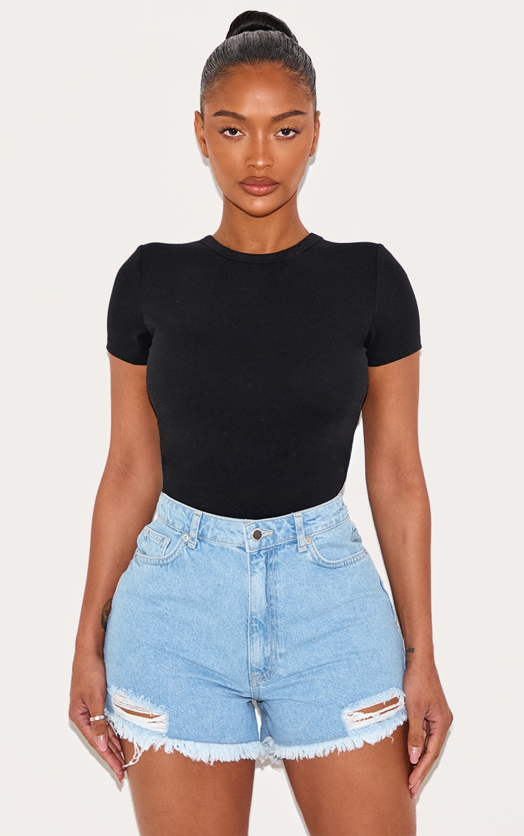 PRETTYLITTLETHING Shape Bleach Wash Ripped Denim Shorts image 4