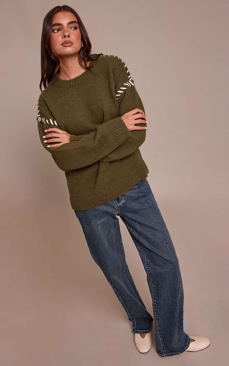 Pull en maille tricot kaki à coutures point droit image 3