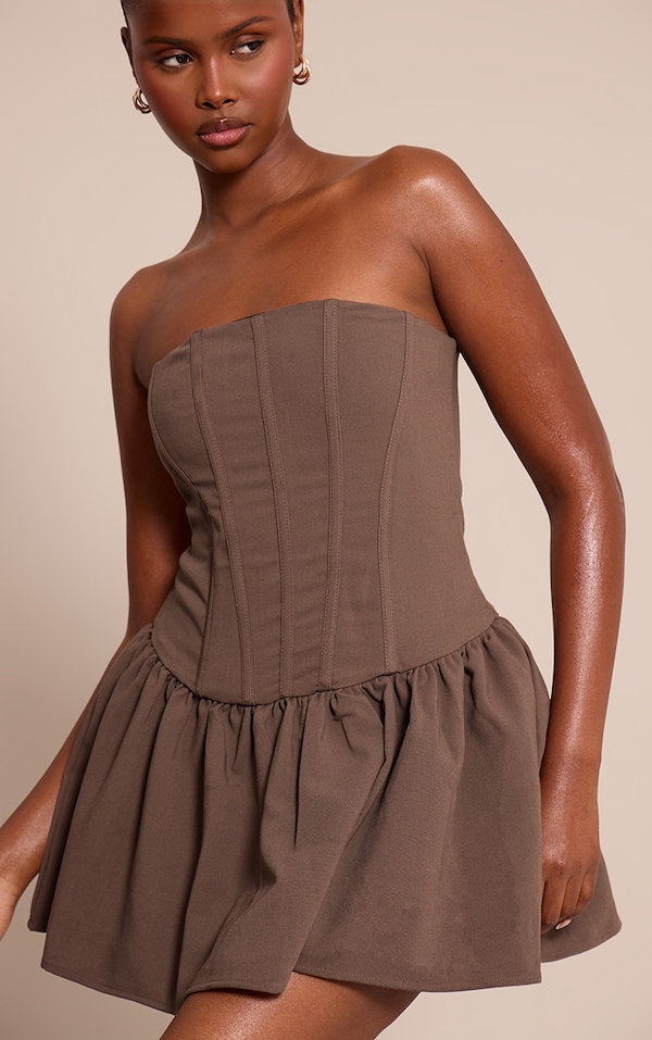 Chocolate Woven Bandeau Corset Frill Hem Mini Dress
