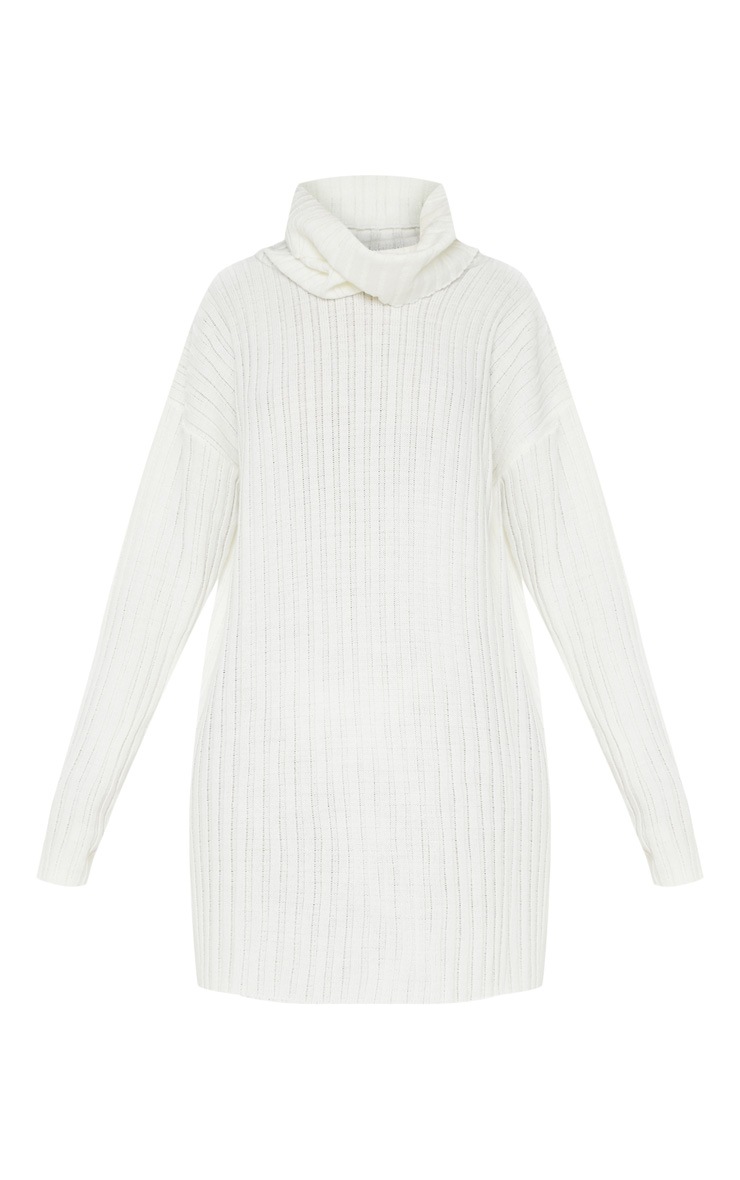 Cream High Neck Ribbed Knitted Dress image 3