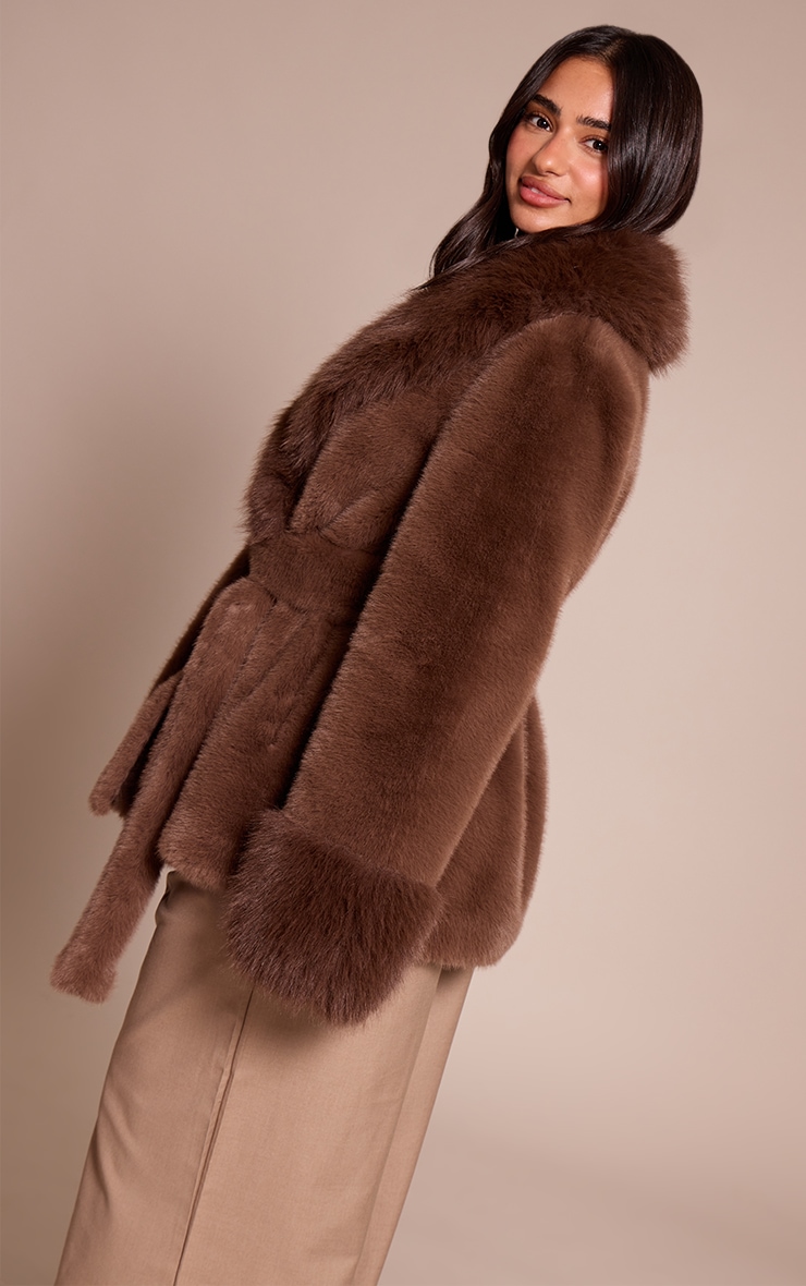 Petite Chocolate Plush Faux Fur Self Tie Coat image 2