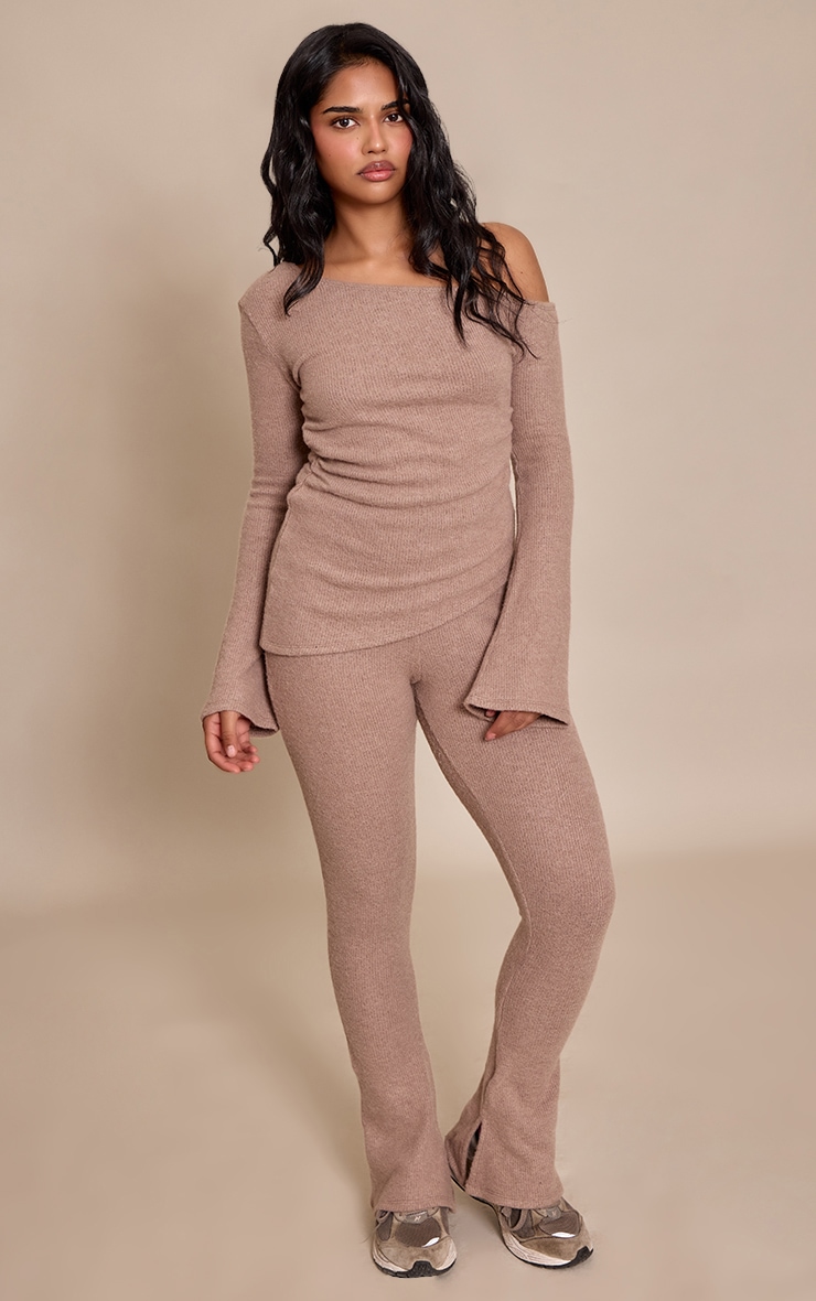 Petite Taupe Ribbed Asymmetric Ruched Top image 3