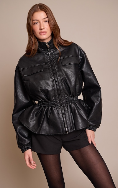 Veste en PU noir à col montant et taille cintrée