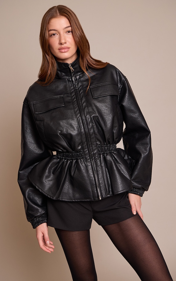 Black High Neck Cinched Waist Faux Leather Jacket