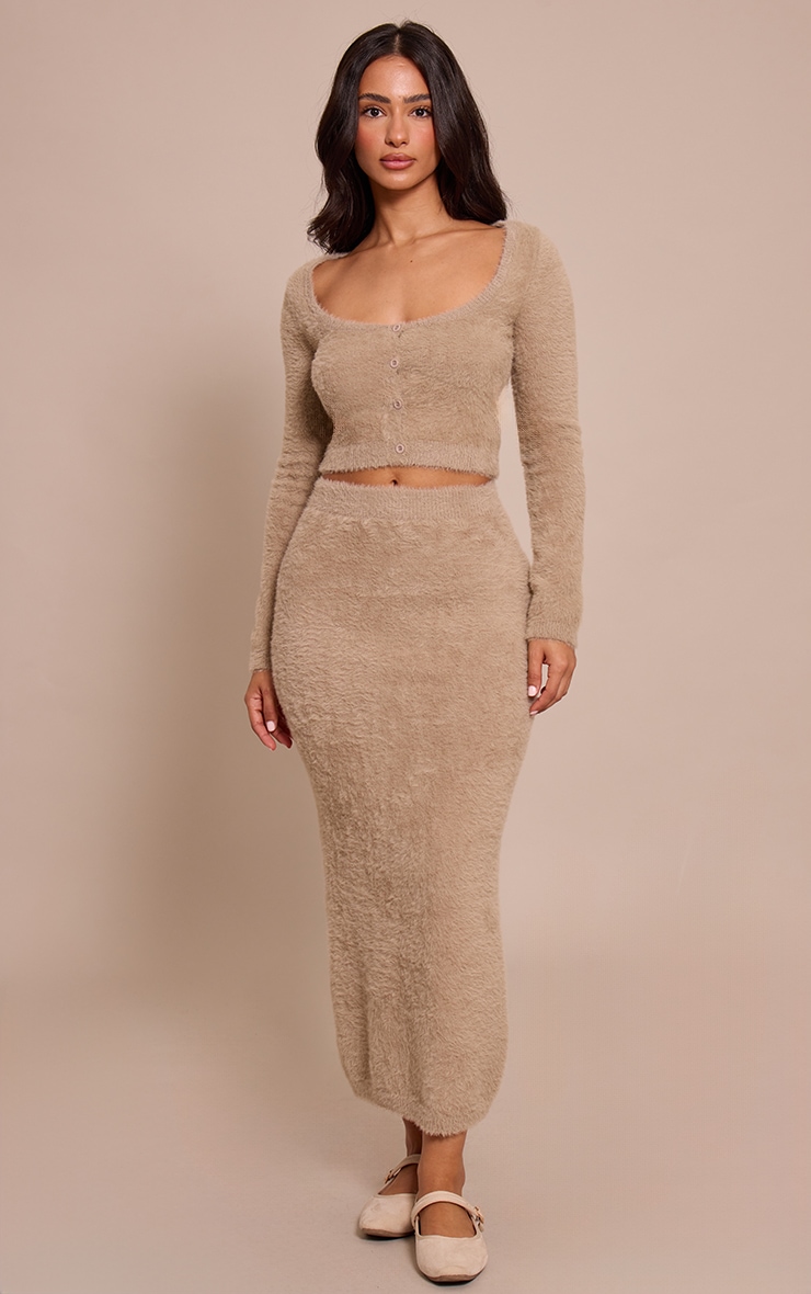 Petite Beige Fluffy Knit Low Waist Maxi Skirt