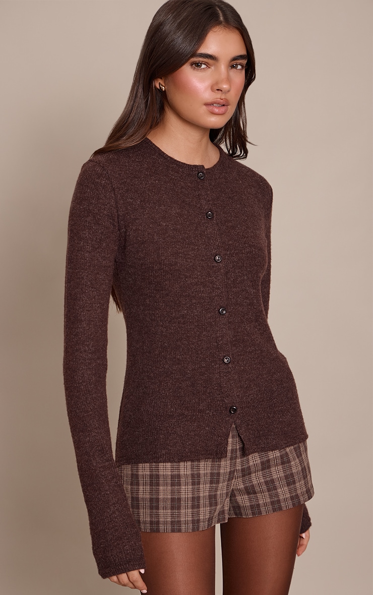 Brown Wool Rib Button Down Long Sleeve Top