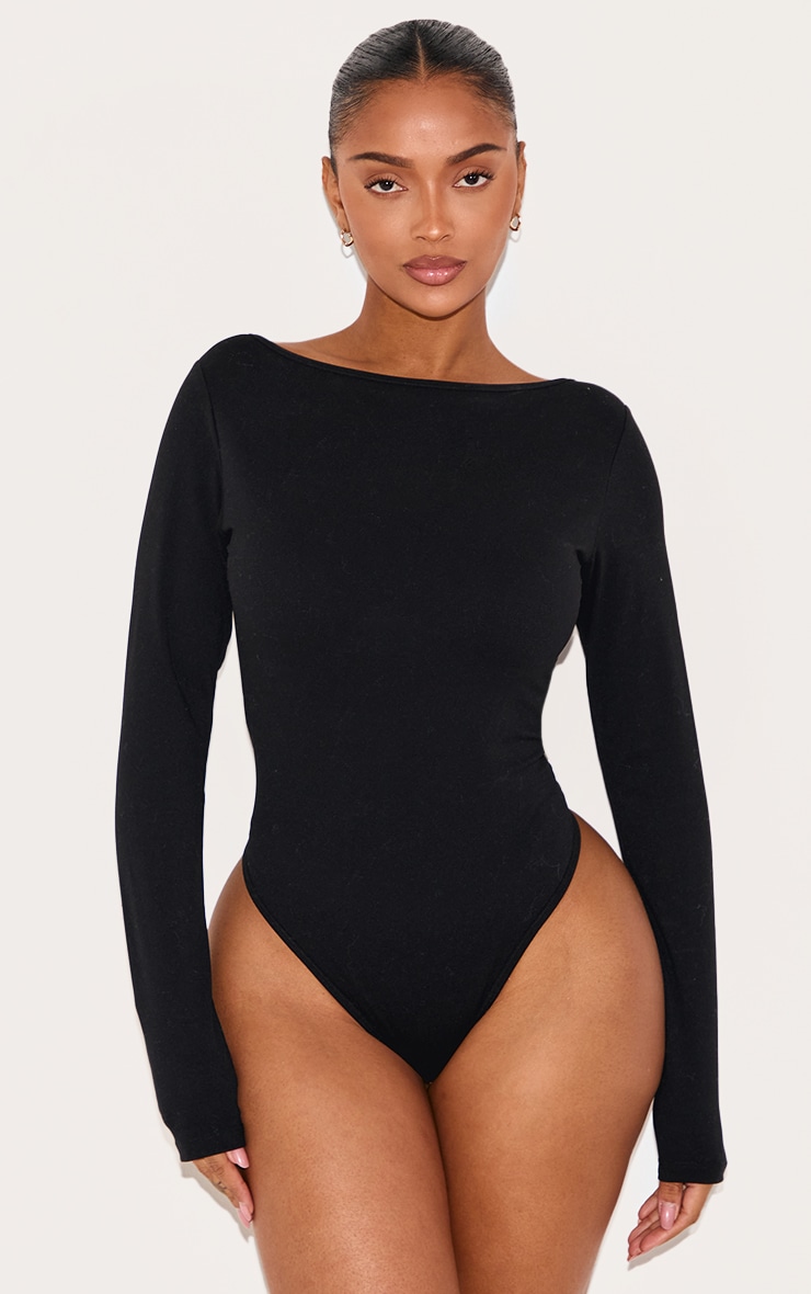  Shape Black Built In Bra Sculpt Boat Neck Long Sleeve Bodysuit image 2