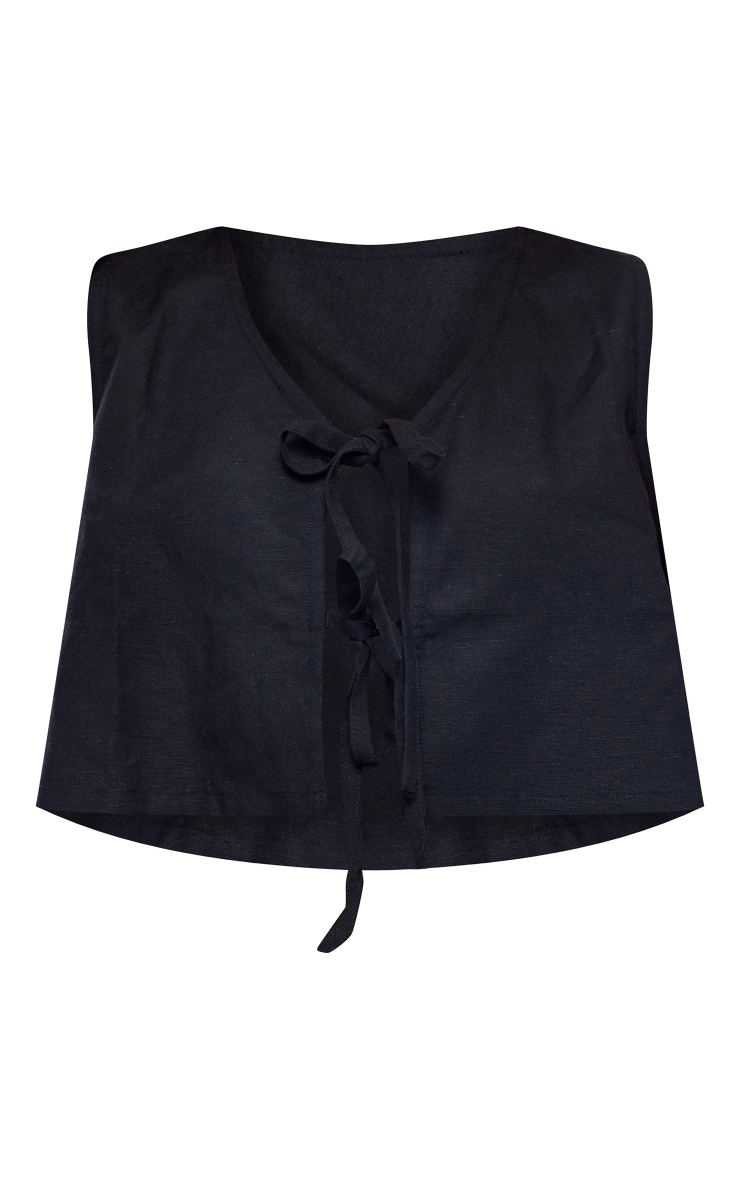 Black Linen Look Beaded Tie Front Vest PrettyLittleThing KSA