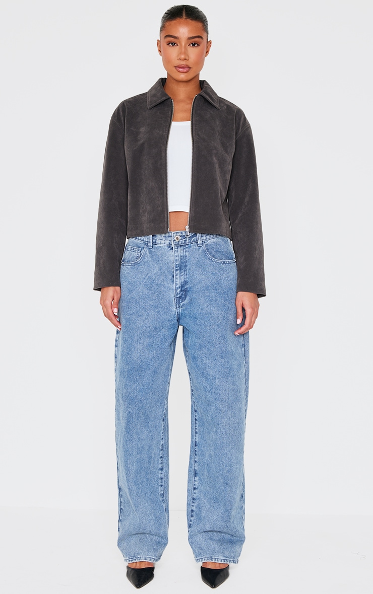 Charcoal Zip Up Faux Suede Jacket image 3