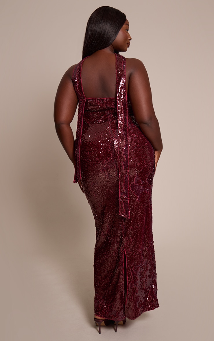 Plus Burgundy Sequin Scarf Detail Bandeau Maxi Dress image 2