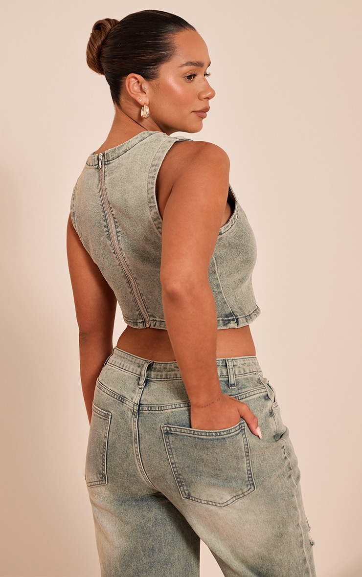 Shape Crop top asymétrique en jean stretch indigo vintage délavé image 2