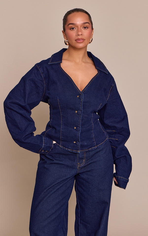 Shape Indigo Cinched Plunge Neck Denim Jacket