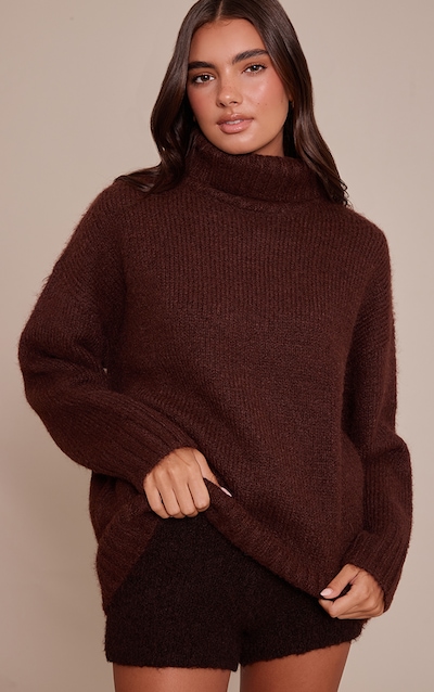 Chocolate Roll Neck Balloon Sleeve Oversized Sweater