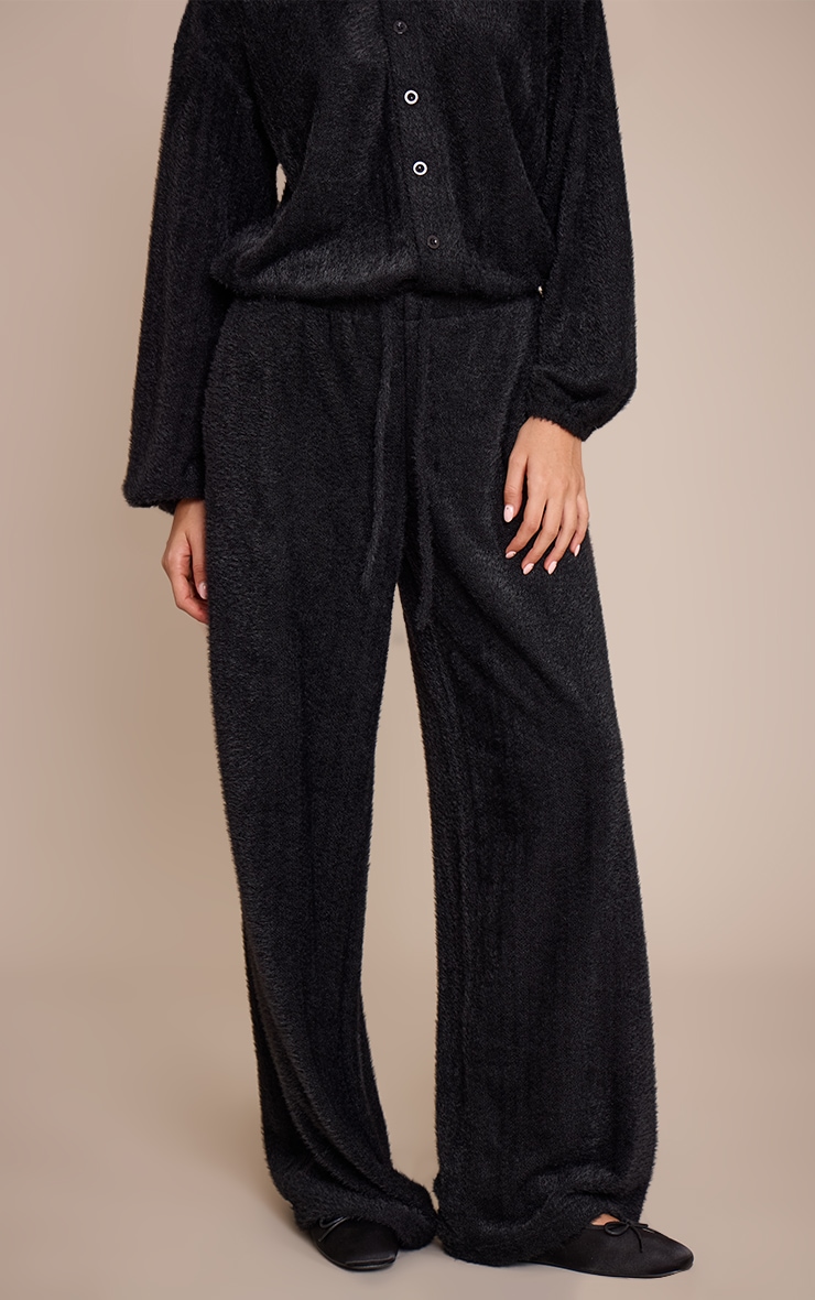 Black Textured Wide Leg Drawstring Pants image 2