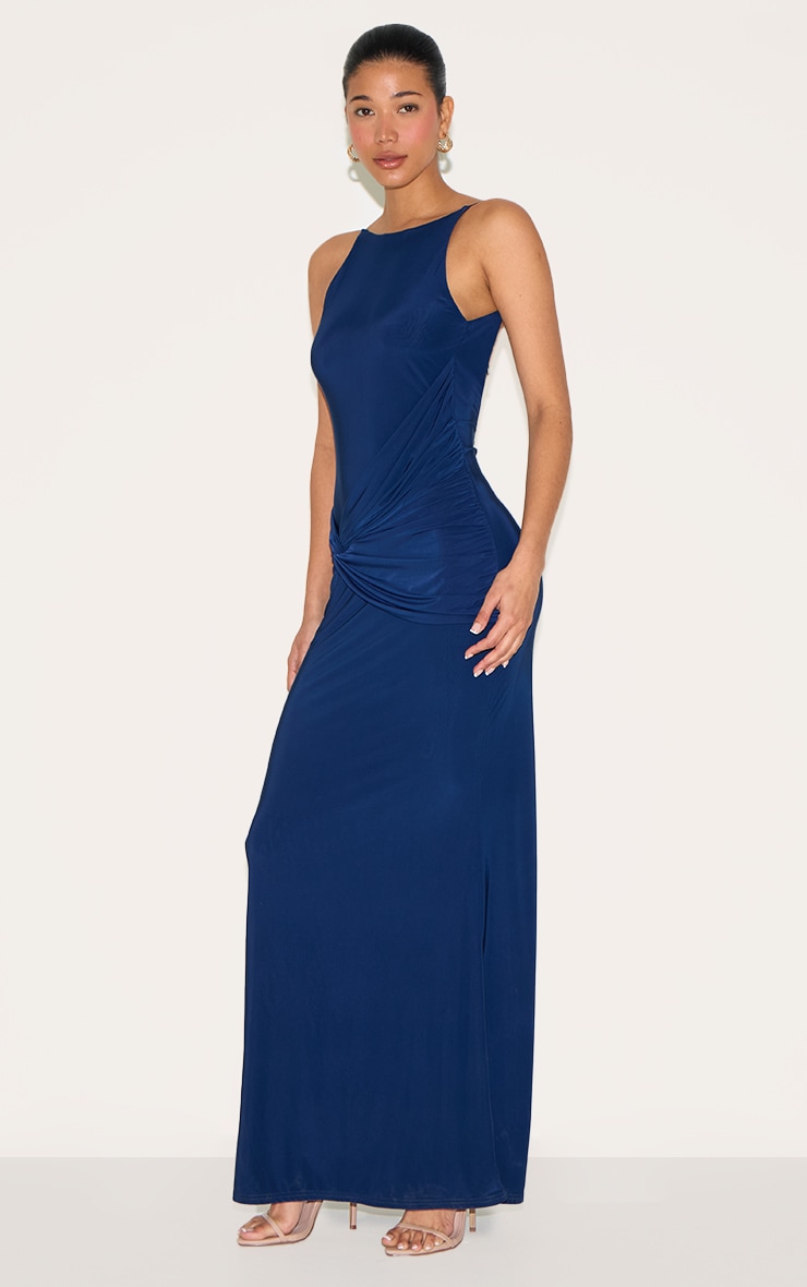 Navy Double Layer Slinky Twited Front Halter Neck Maxi Dress image 3