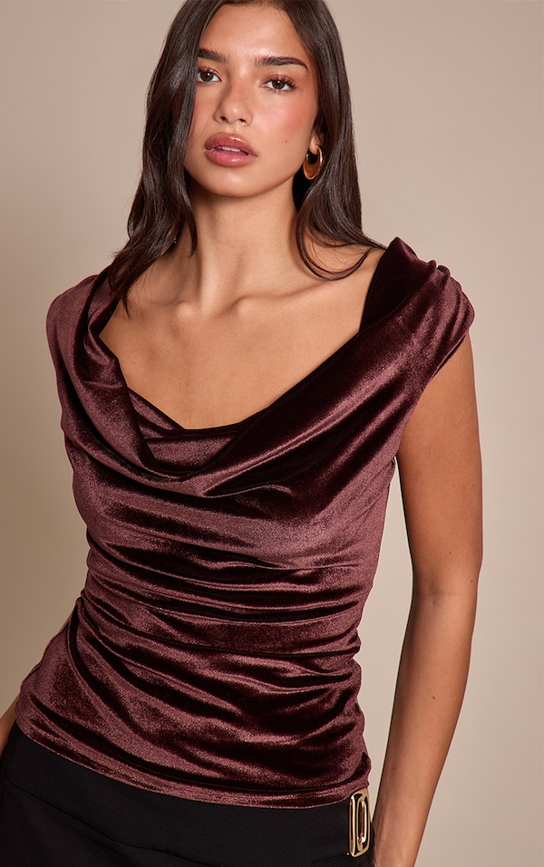 Brown Velvet Cowl Neck Detail Sleeveless Top 