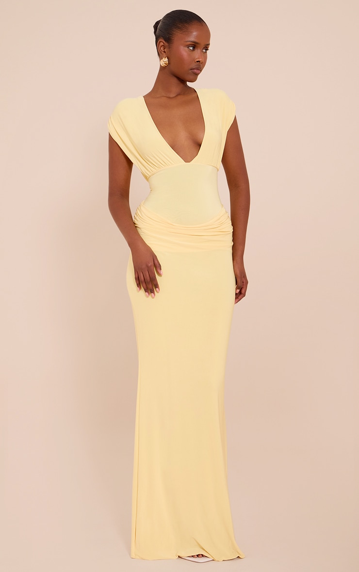 Robe longue doublée jaune citron décolletée à épaules froncées et partie superposée drapée sur la taille image 3