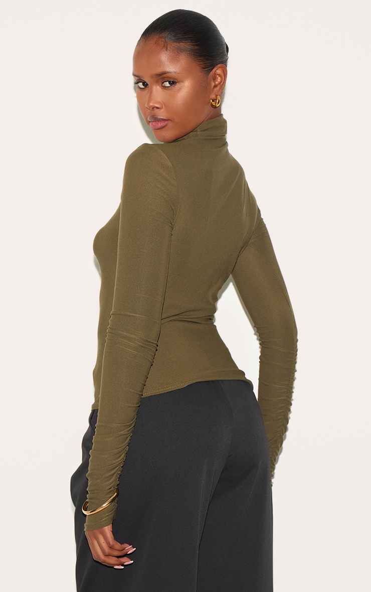 Khaki Soft Touch High Neck Ruched Sleeve Top image 2
