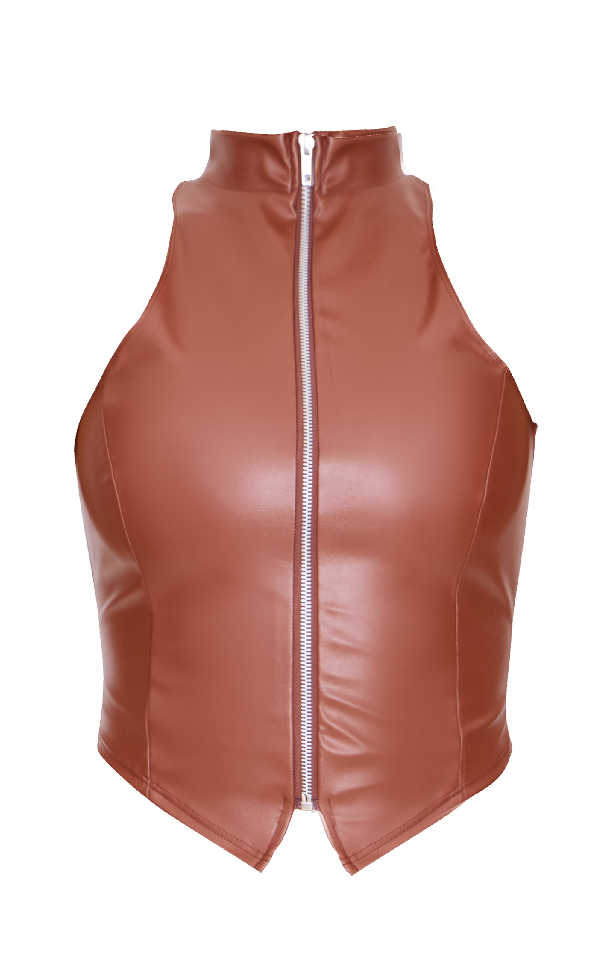 Brown Faux Leather Zip Up High Neck Top image 5