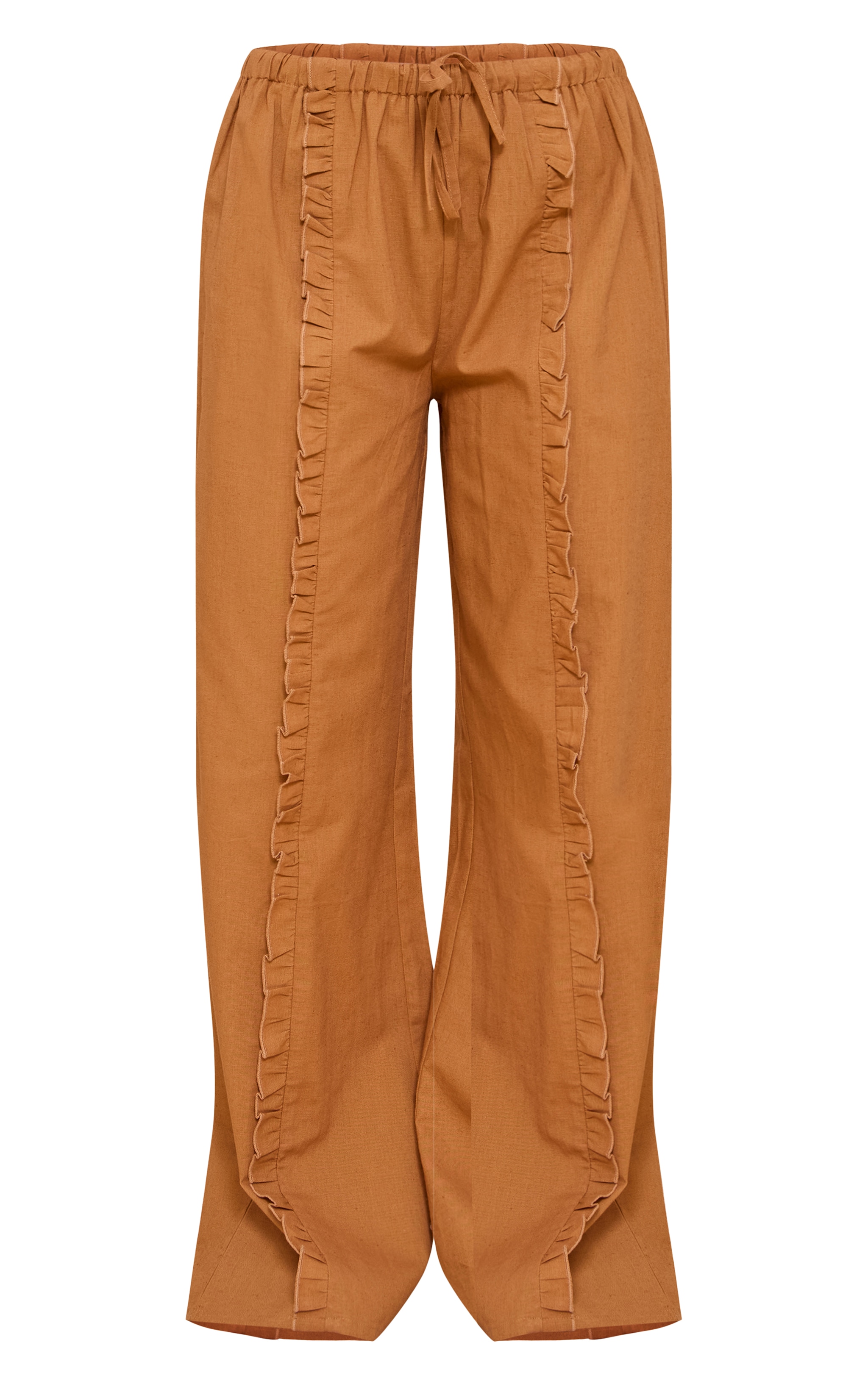 Pantalon large en effet lin marron clair à cordons ajustables image 5
