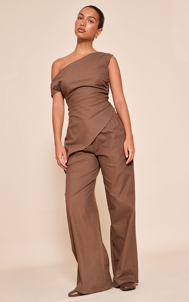 Chocolate Woven One Shoulder Asymmetric Long Top image 1