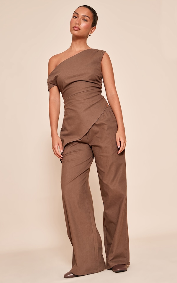 Chocolate Woven One Shoulder Asymmetric Long Top