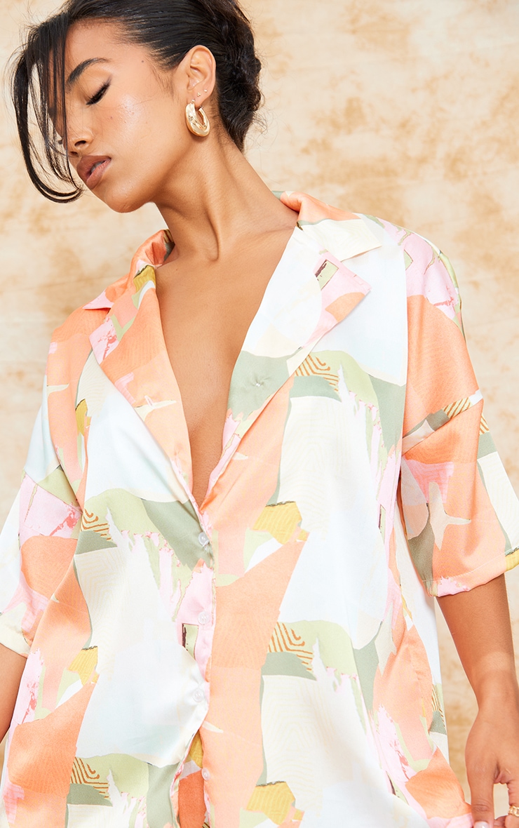 Orange Print Satin Oversized Shirt image 4