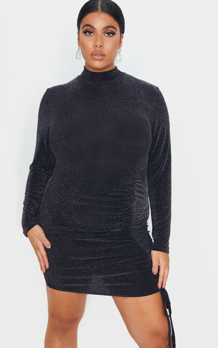 Plus Black Textured Glitter Ruching Detail High Neck Bodycon Dress
