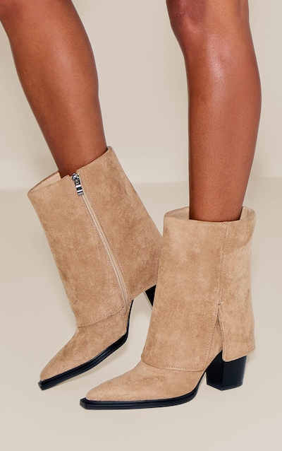 Stone Faux Suede Zip Up Heeled Ankle Cowboy Boot