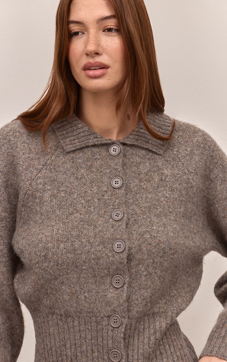 Taupe Collared Waist Detail Knitted Cardigan
