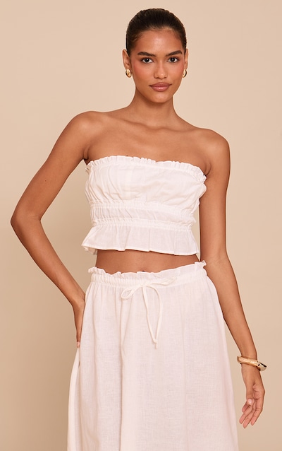 Top bandeau en effet lin blanc froncé