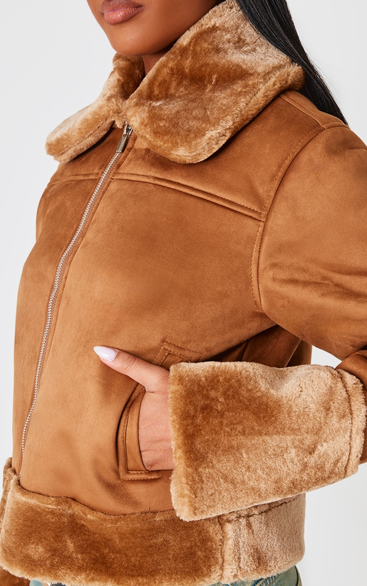 Camel Faux Fur Trim Faux Suede Jacket image 4