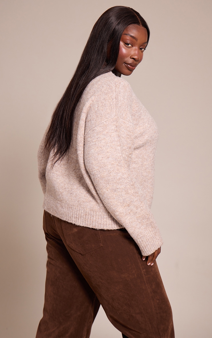 Plus Taupe Brushed Oversized Detail Round Neck Cardigan image 2