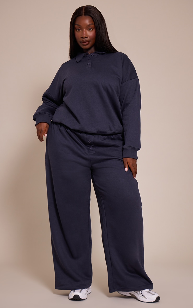 Plus Navy Button Up Wide Leg Track Pants image 1