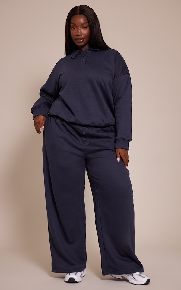 Plus Navy Button Up Wide Leg Track Pants