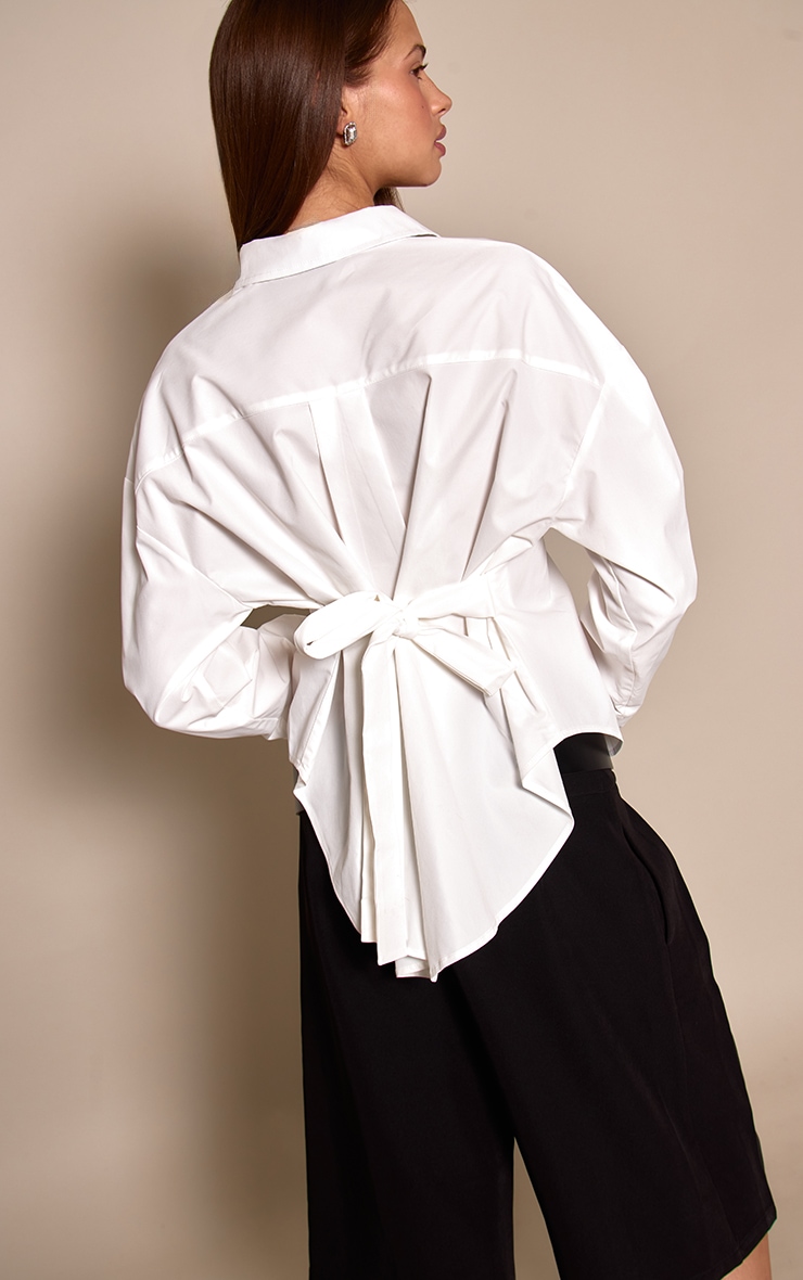White Cotton Tie Back Detail Oversized Shirt image 2