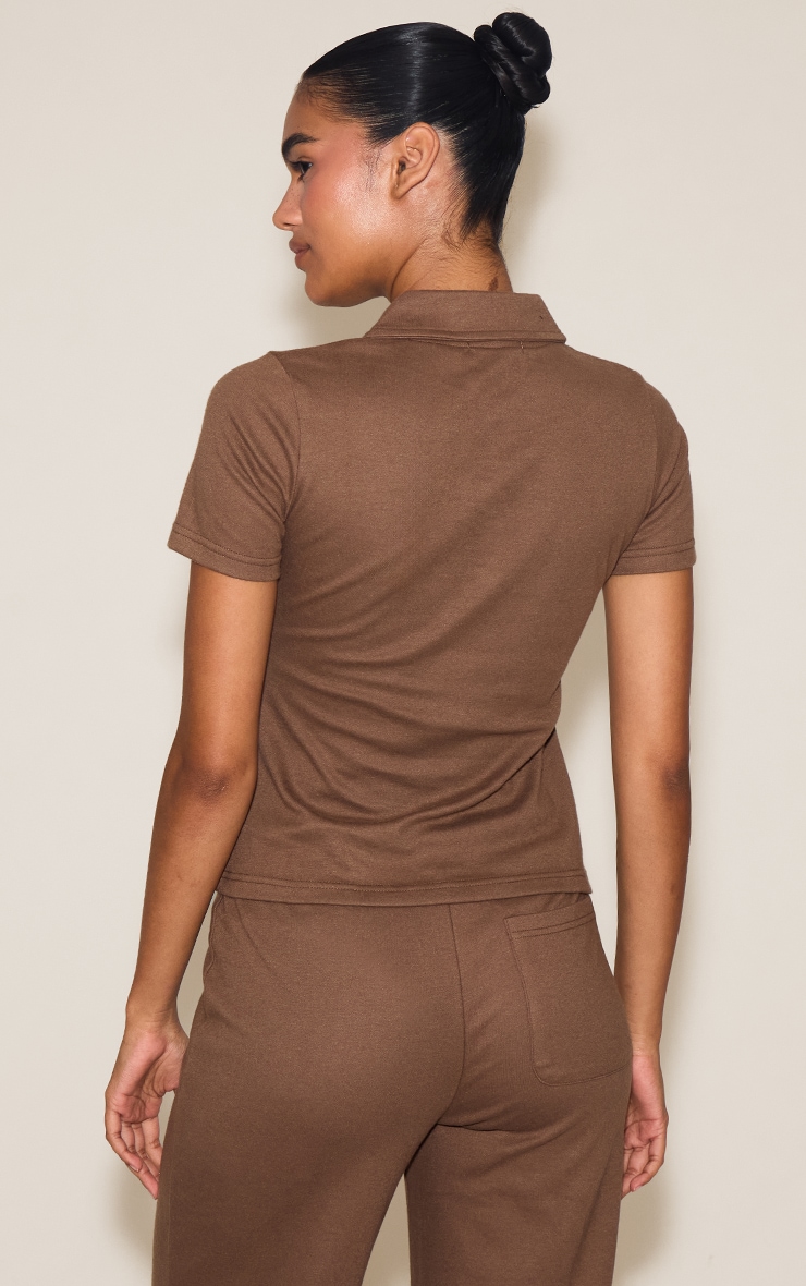 Mocha Super Soft Short Sleeve V Neck Button Up Top image 2