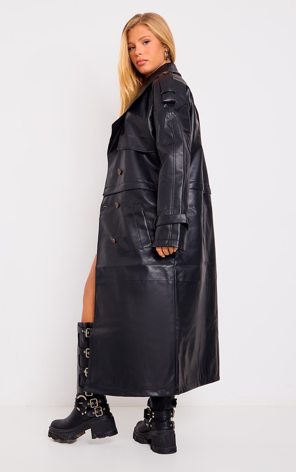 Black Detachable Hem Faux Leather Trench Coat PrettyLittleThing