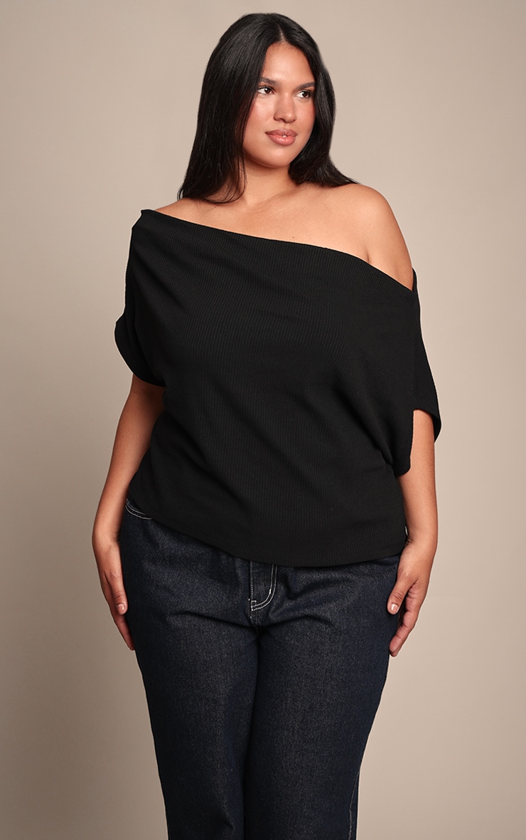 Plus Black Thick Rib Asymmetric Slouchy Long Top image 1