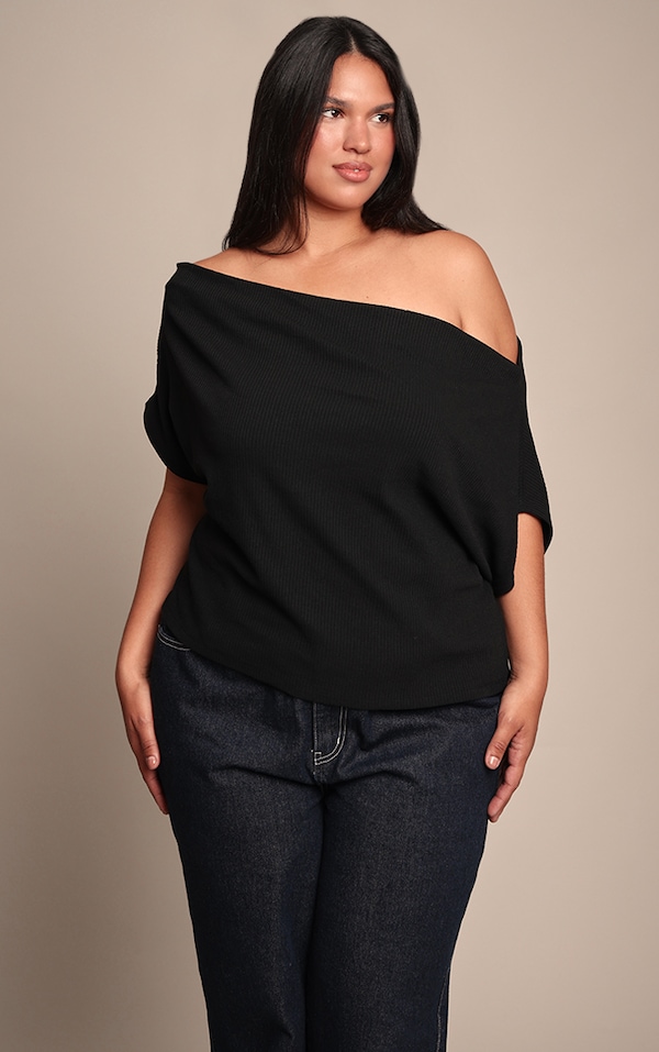 Plus Black Thick Rib Asymmetric Slouchy Long Top