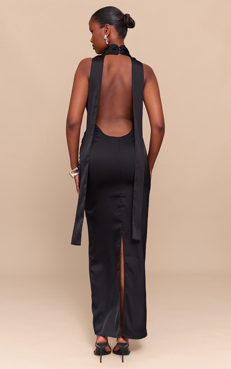 Black Satin Cowl Neck Drape Maxi Dress image 2