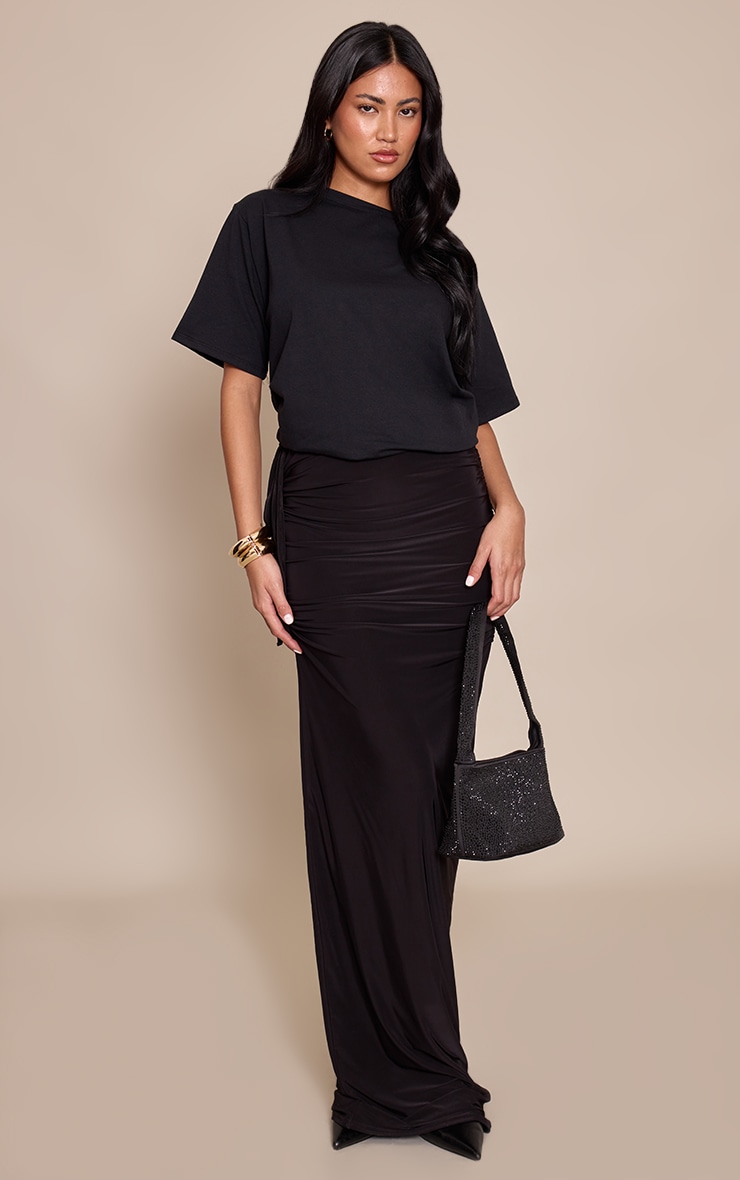 Black Double Layer Slinky Ruched Side Maxi Skirt