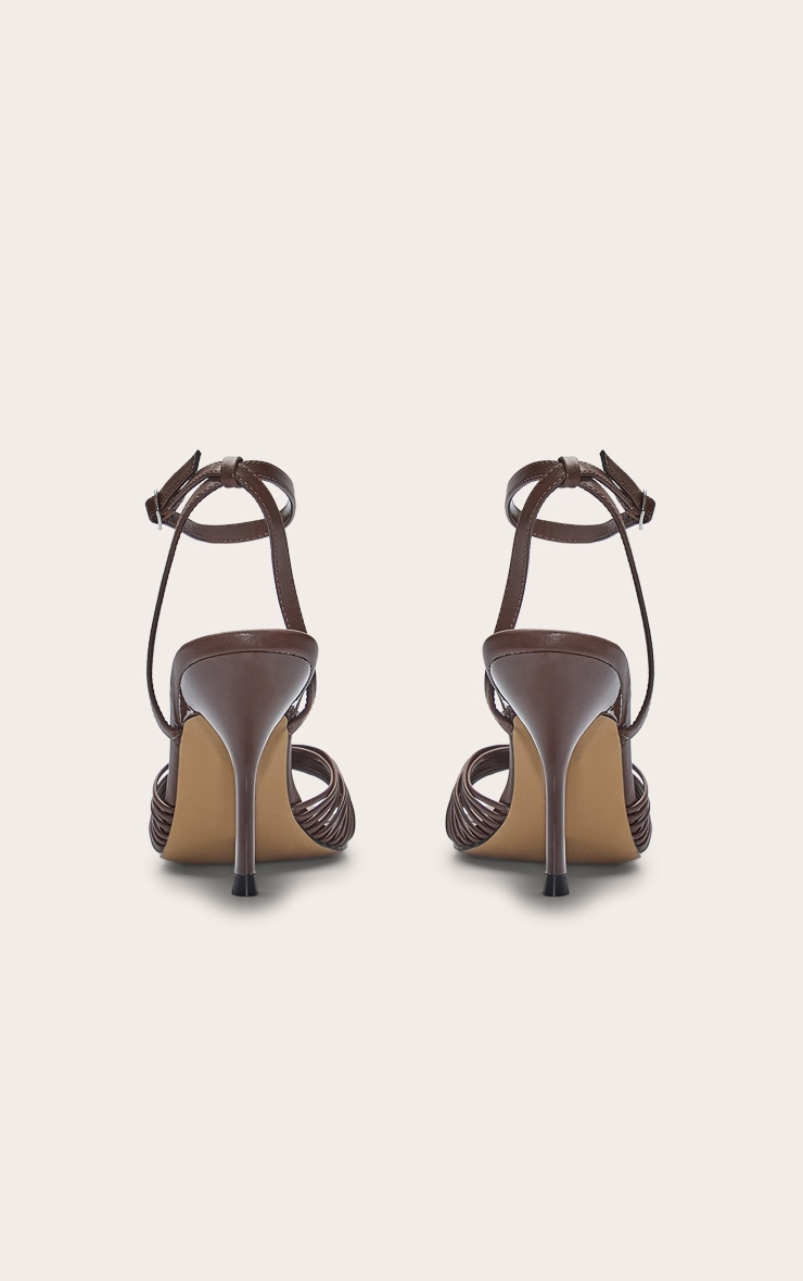 Chocolate Pu Square Toe Multi Strap Gold Trim High Heeled Sandals image 3