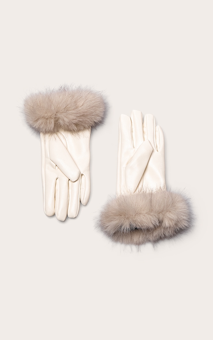 Cream With Faux Mink Fur Trim Gloves image 2