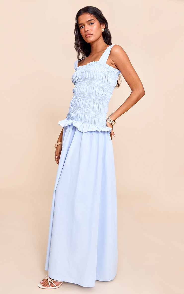 Blue Shirred Frill Detail Maxi Dress image 3