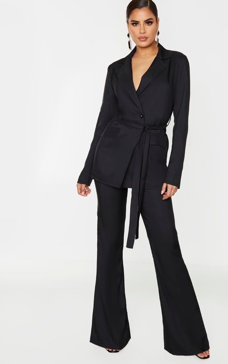 Tall Black Tie Waist Button Up Blazer
