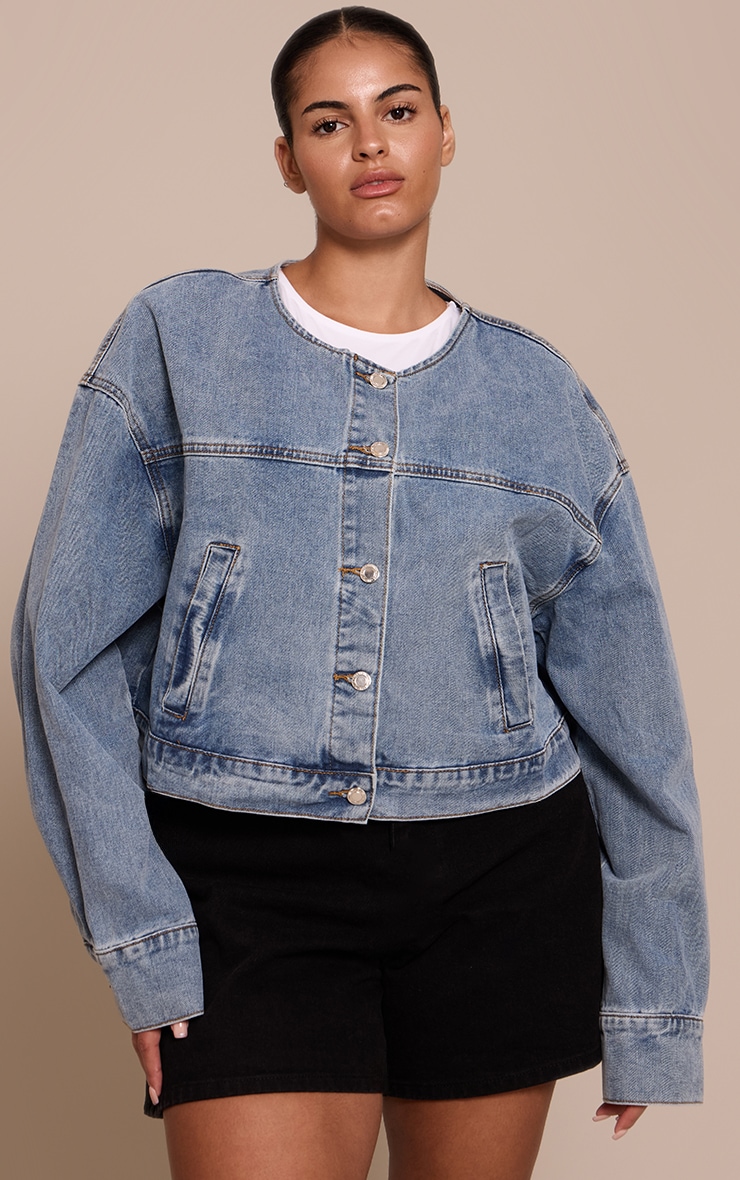 Plus Mid Blue Wash Collarless Cropped Denim Jacket image 1