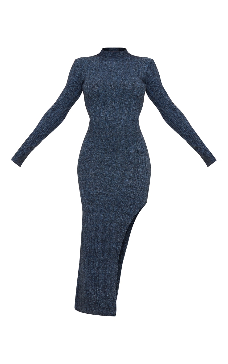 Robe longue en maille tricot deluxe bleu ardoise à col montant image 5