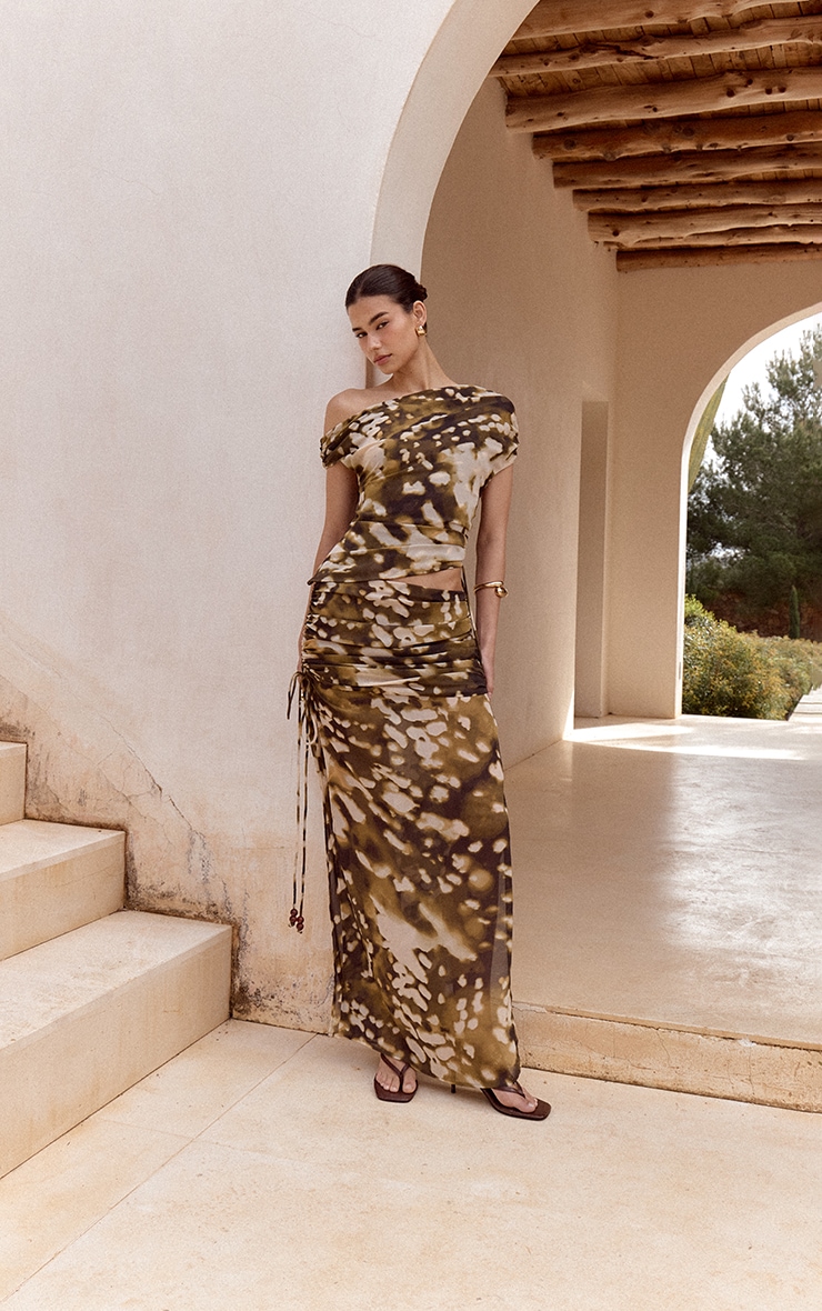Stone Blurred Abstract Printed Chiffon Ruched Bead Detail Maxi Skirt image 2