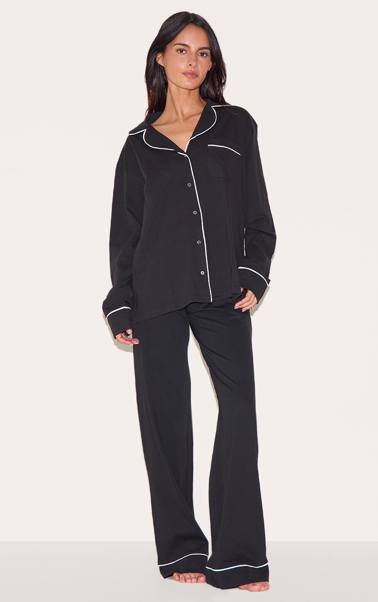 Black Jersey Piping Long Pj Set image 1